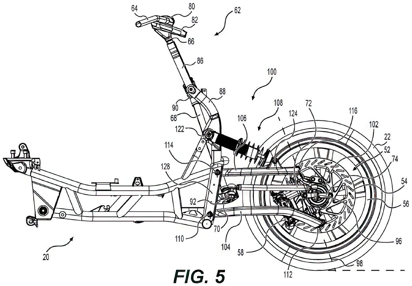From this view, you get a good look at the unequal length arms and the mounting point for the single shock. You can also see the large brake disc and radial-mount caliper.