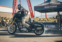 Jimmy Burnouts whipping his customized Indian Chieftain around the parking lot of Doffo Winery during the Moto Ranch Invitational.