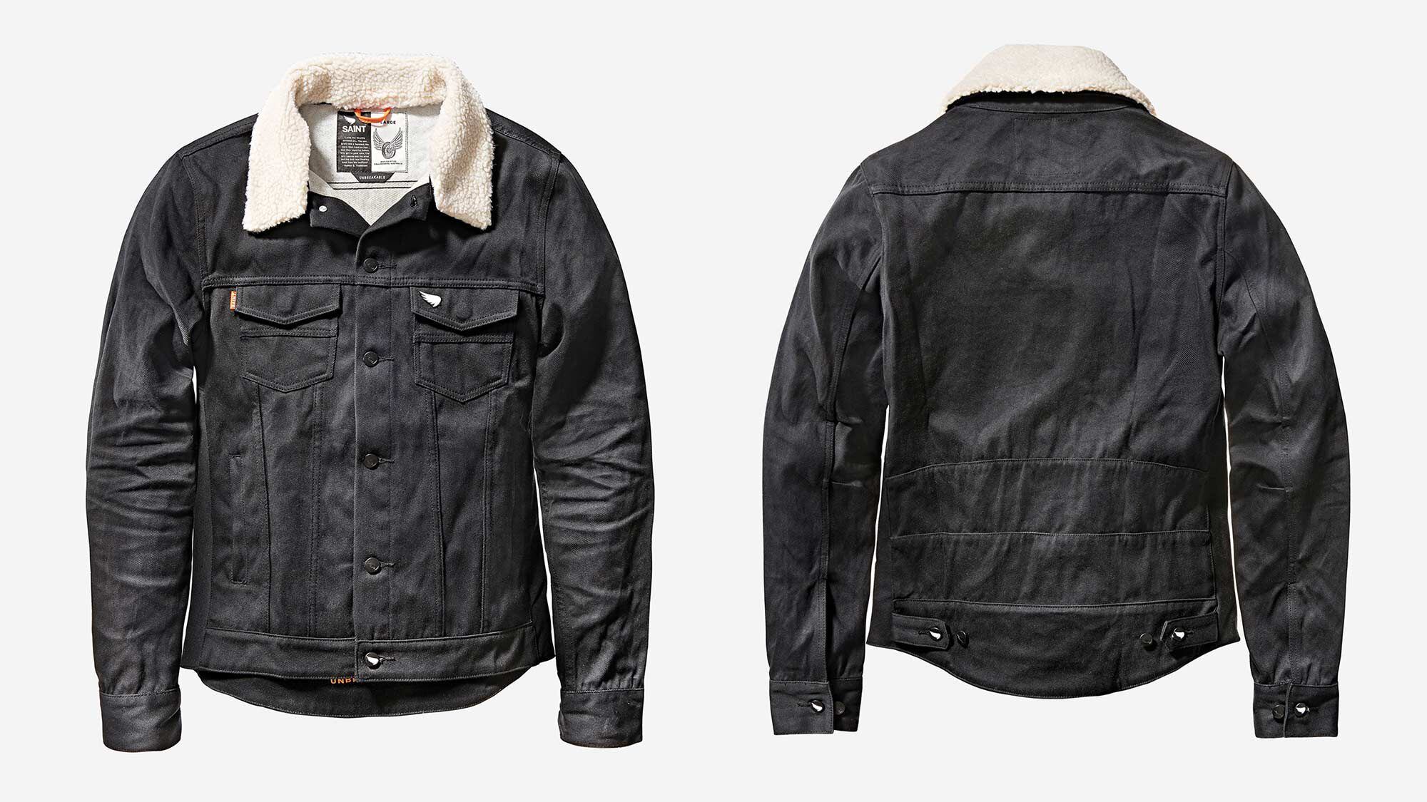 Two removable faux shearling collars, black and off-white, come with the Unbreakable jacket.