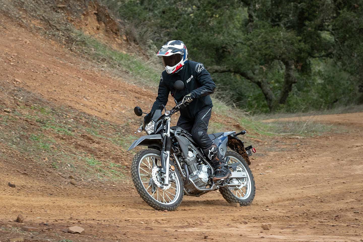 The 2023 Kawasaki KLX230 S comes fitted with IRC Foot Loose GP-21F/GP-22R, providing good grip and feedback in a variety of conditions.
