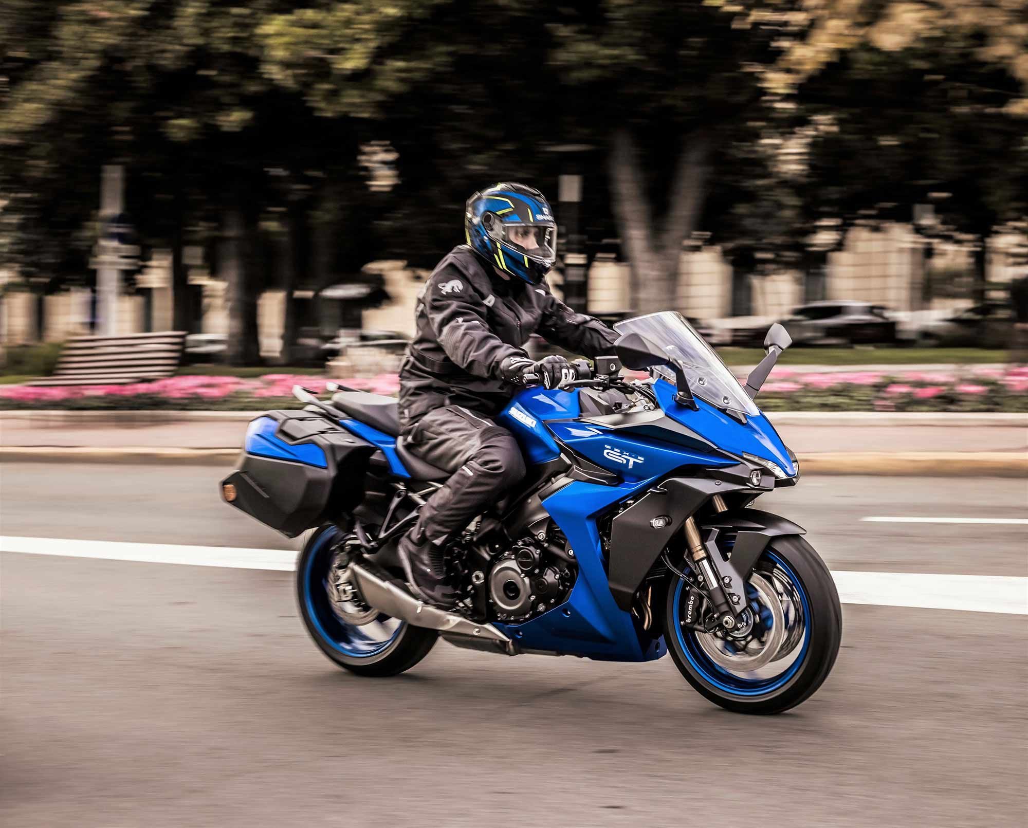 The GSX-S1000GT will be available in two colors: Metallic Reflective Blue (shown)…