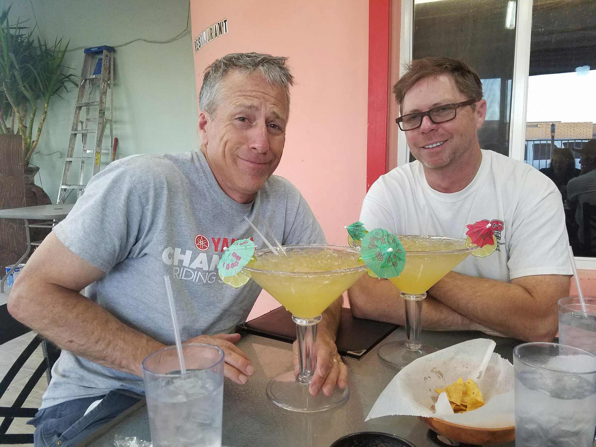 King-sized margaritas were forced on us, honest! After five days of shooting we relaxed in Willcox, Arizona, to ponder next steps (Keith and I are seen here). ChampU was born in these five days, produced in the ensuing months, and brought to the world’s riders two weeks ago.