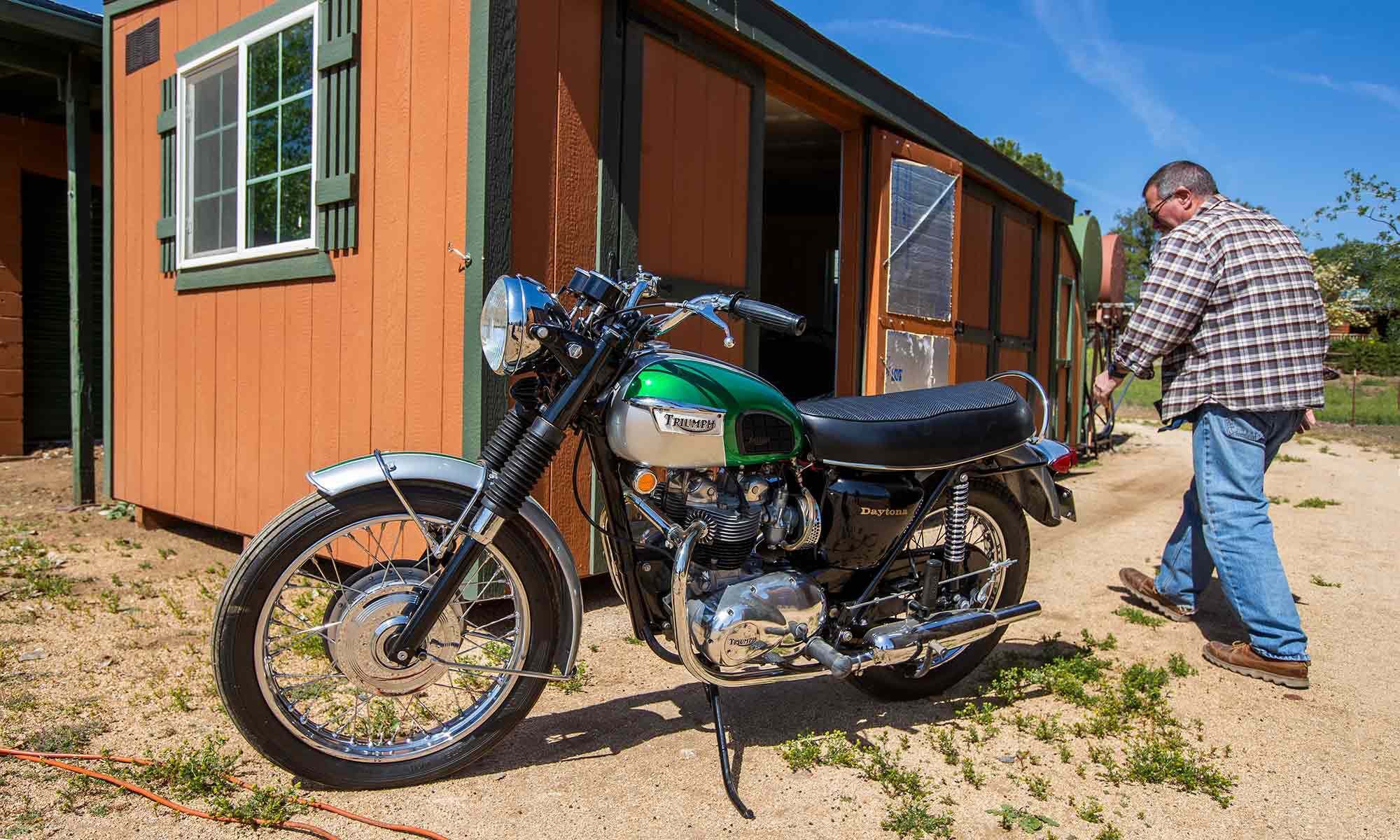 A friend claimed that many of the bikes in the collection represented models Haith had sold years earlier, many of them vintage British bikes like this 1969 Triumph Daytona.