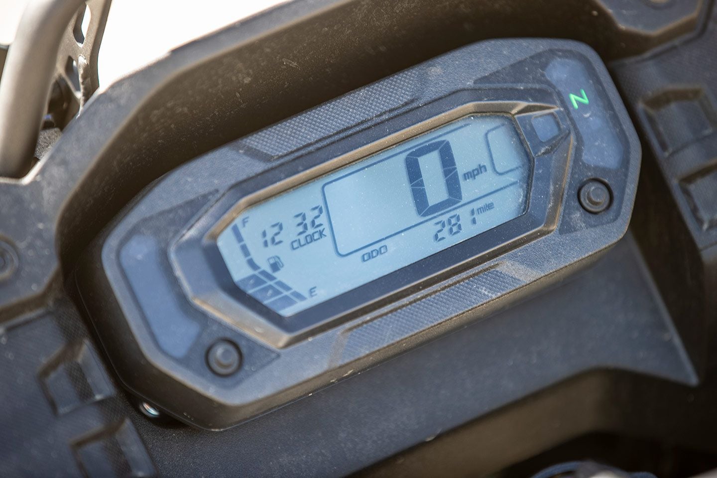 The digital dash is nothing fancy, but the gear indicator is a nice touch. In neutral it displays nothing, but in gear a numerical value appears in the blank box on the right side.