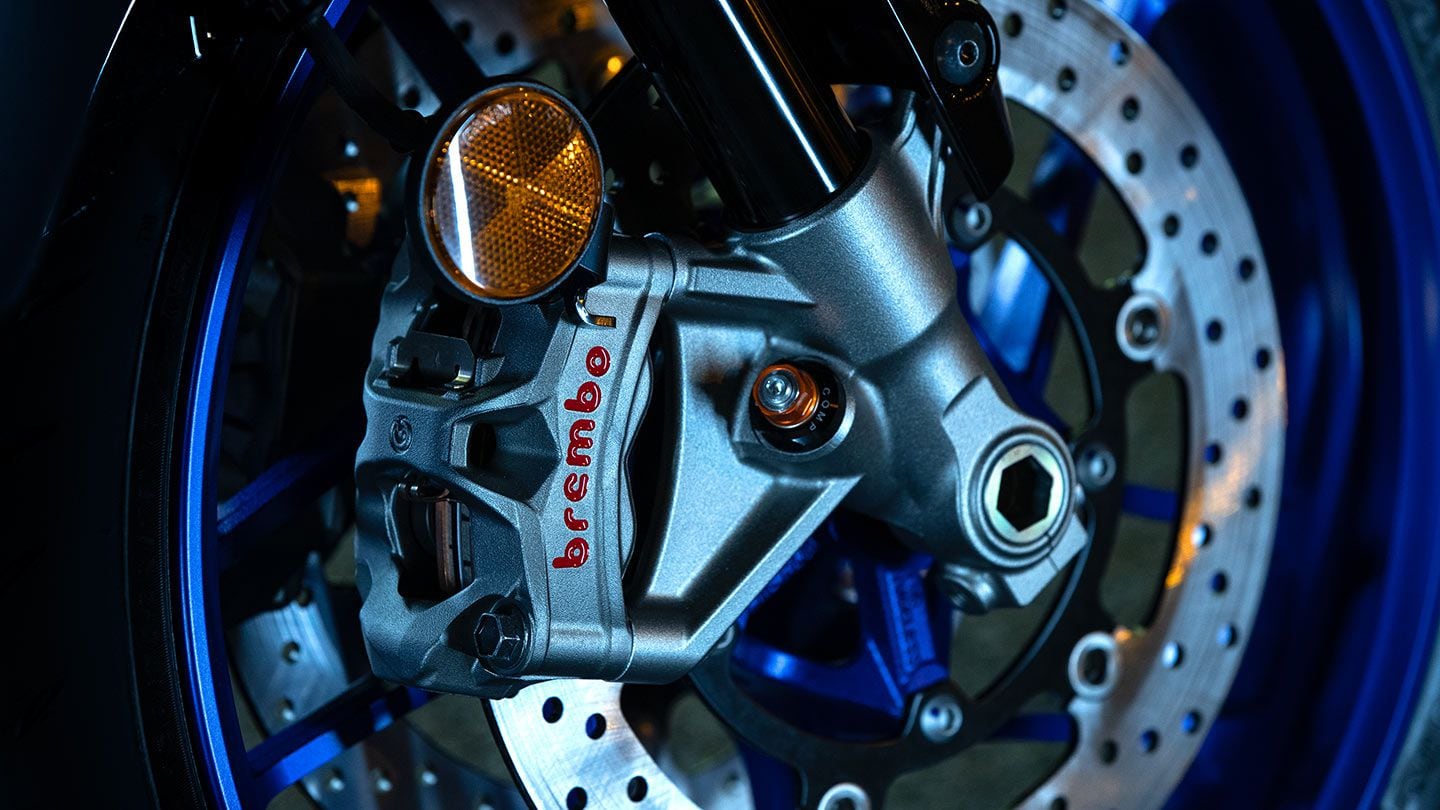 Brand-new Brembo Stylema calipers bite down on 298mm discs.