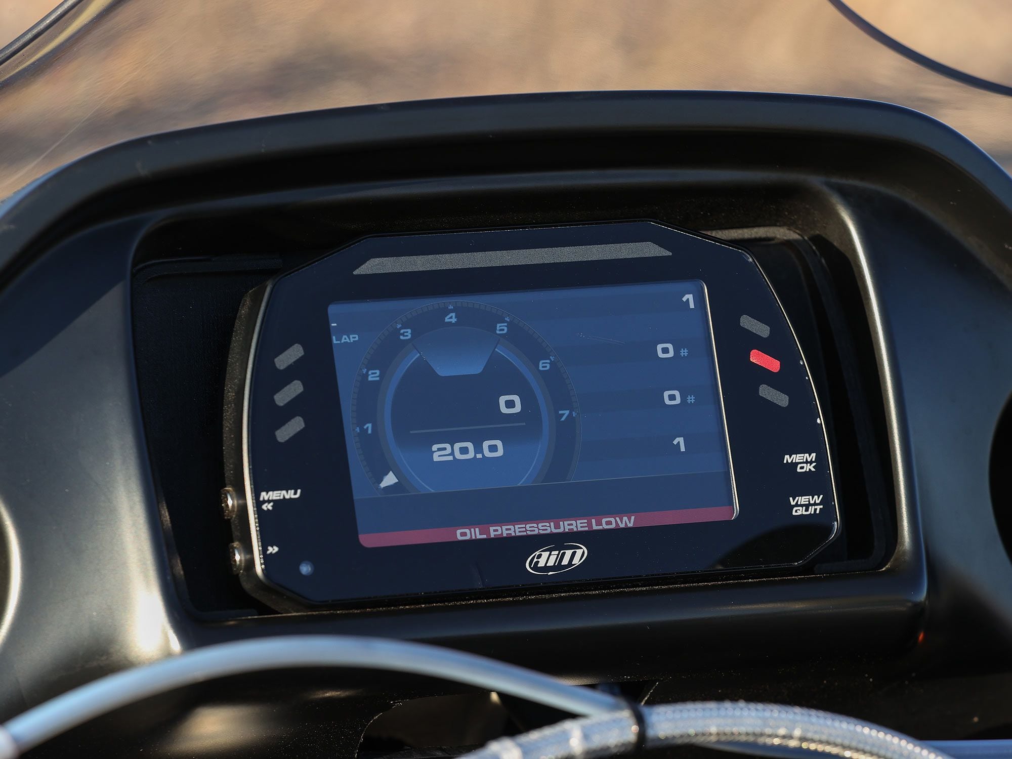 Replacing the Road Glide’s traditional infotainment system is an AiM datalogger, keeping tabs on the motorcycle’s vital information.