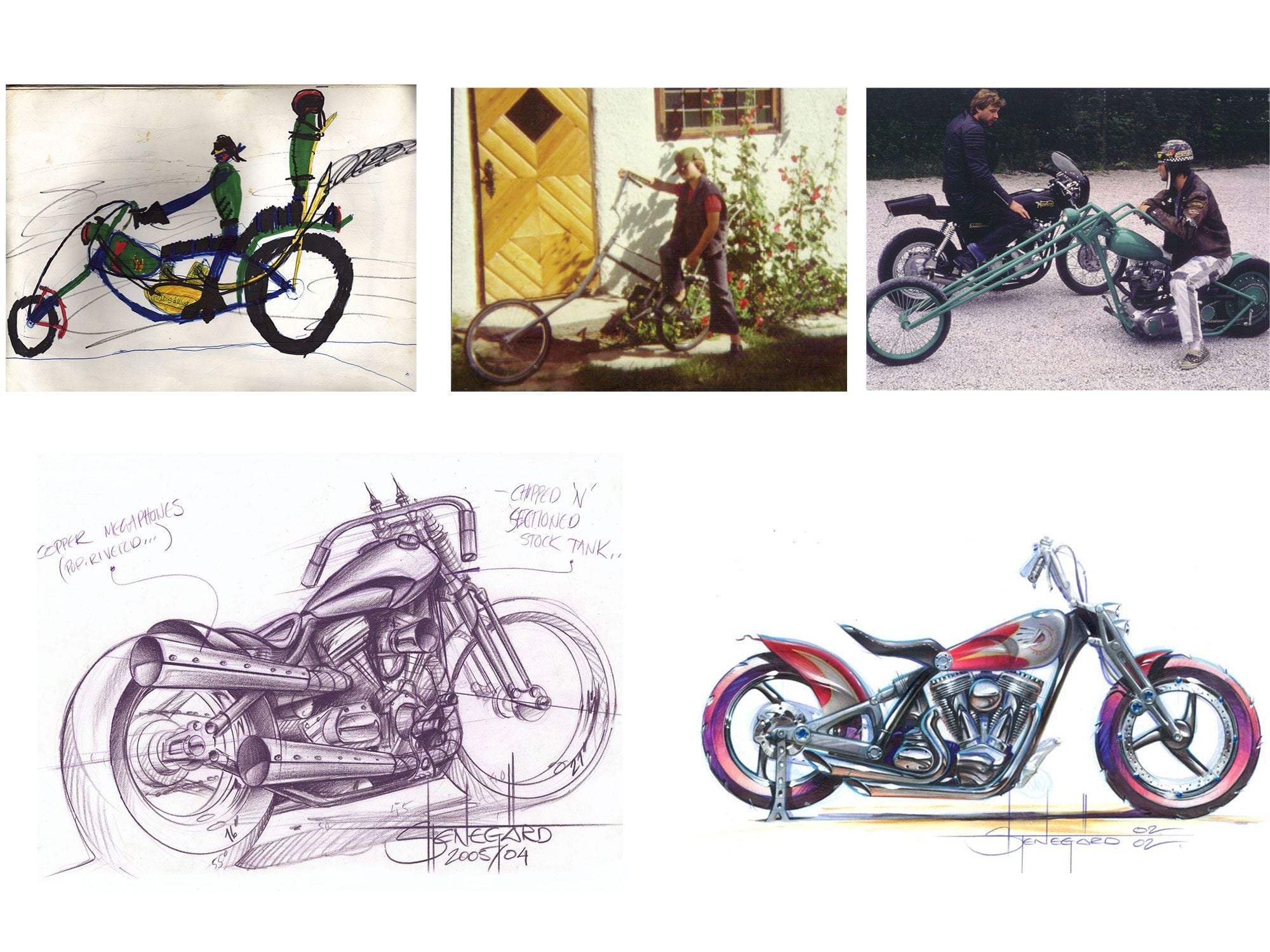Snapshots of a career in design. Follow the flow from schoolboy sketch to real wheels, with and without mechanical power. Formal education brings sophistication to the drawing process, but note modernity creeping in, bottom right, in the form of single-shock suspension and front rim brake.