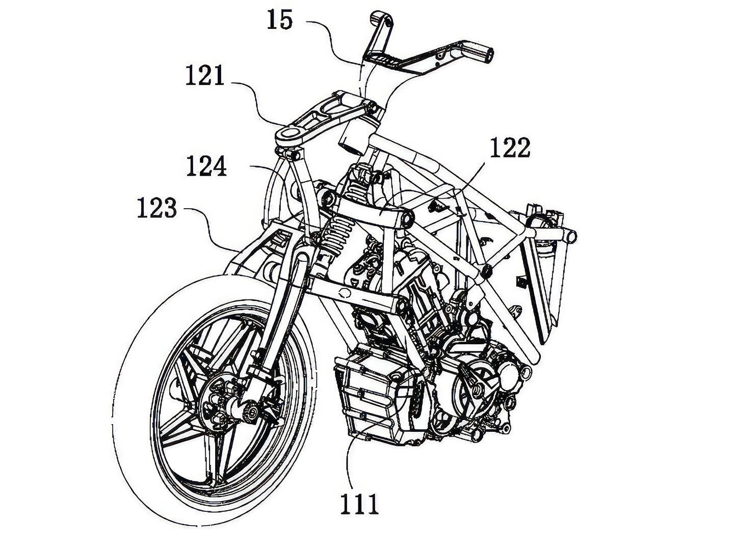 Patent application drawings show a girder fork for CFMoto 1250TR-G tourer.