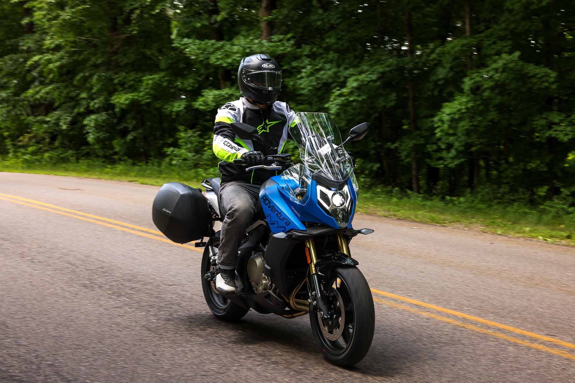 Unlike typical adventure-style motorcycles with 19-inch front wheels, the 650 Adventura has a 17-inch front wheel, signaling its pavement-focused intentions.