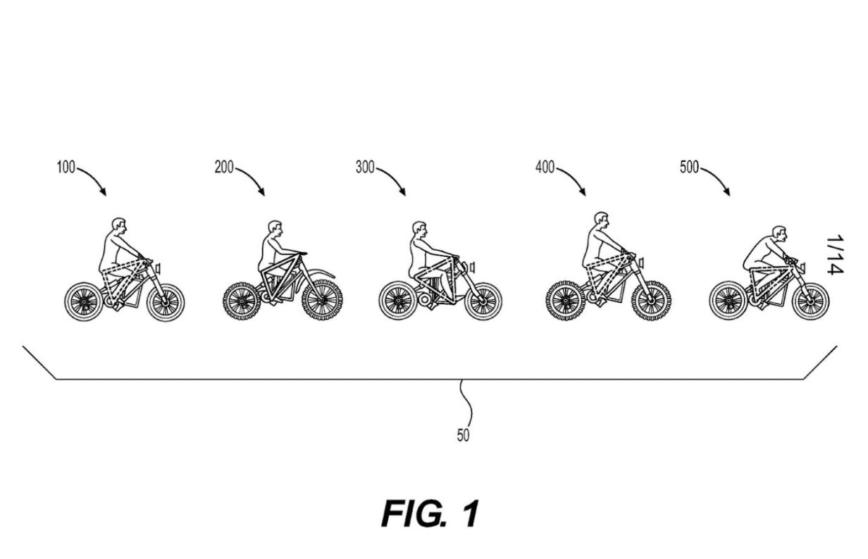 There are several patented designs showing the triangle of five bike riders expected in Can-Am's electric bike lineup.