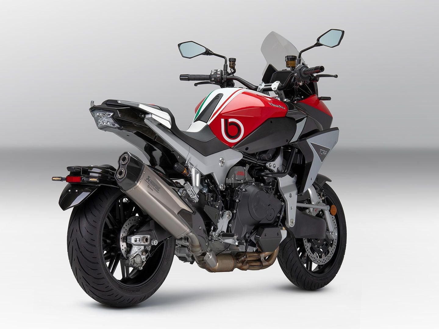 Rear view of Bimota Tera and the titanium Akrapovič exhaust with a carbon fiber end-cap.