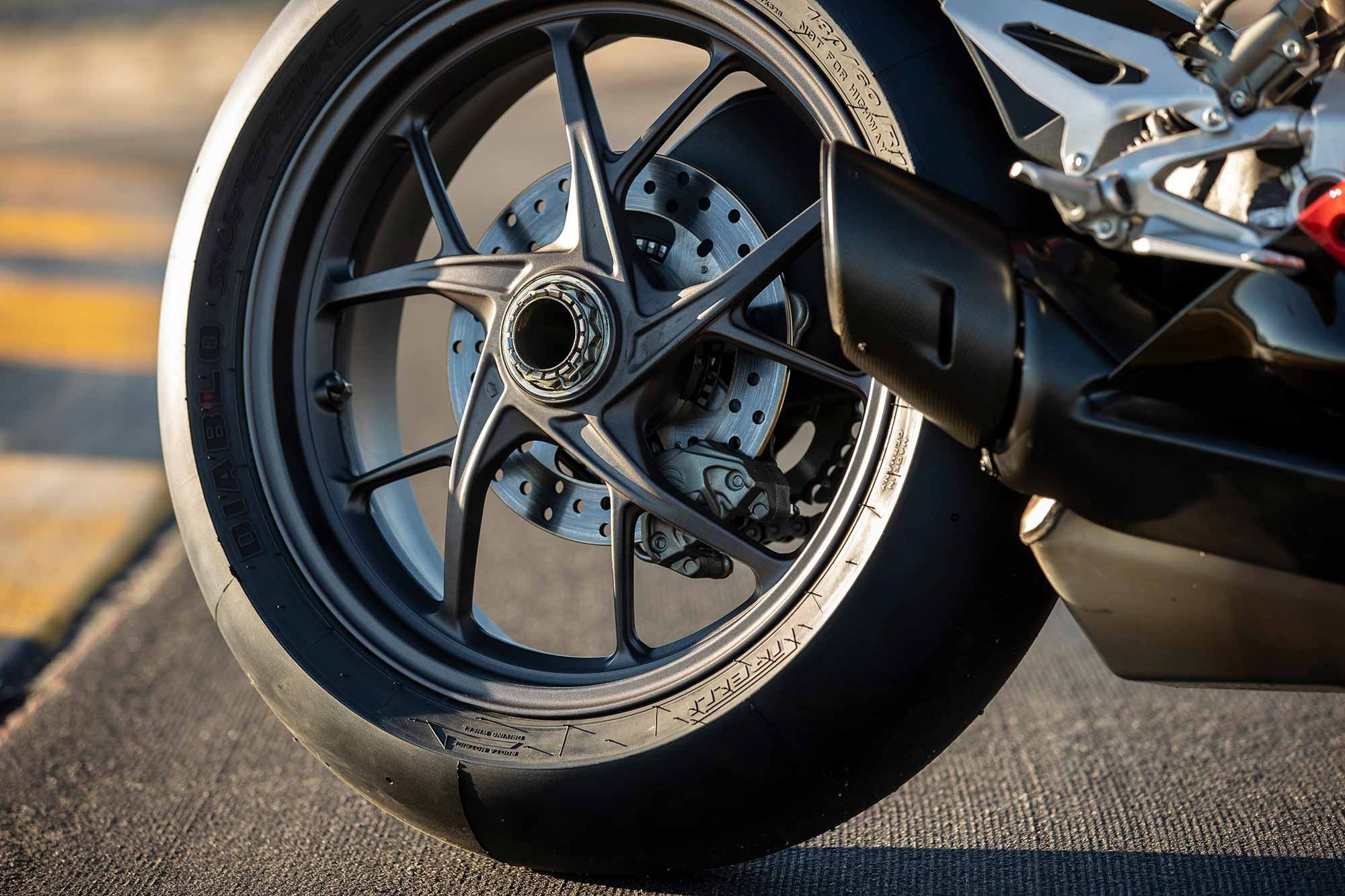 The exposed rear wheel and single-sided swingarm are always nice to gaze at.