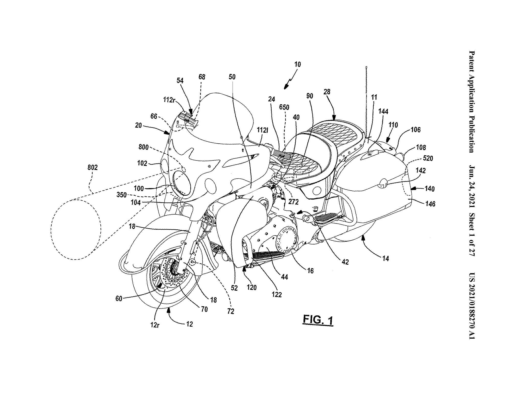 Indian Motorcycle's latest patent reveals an innovative radar and camera assist system for future models, shown on what looks to be a trunk-less Roadmaster variant.