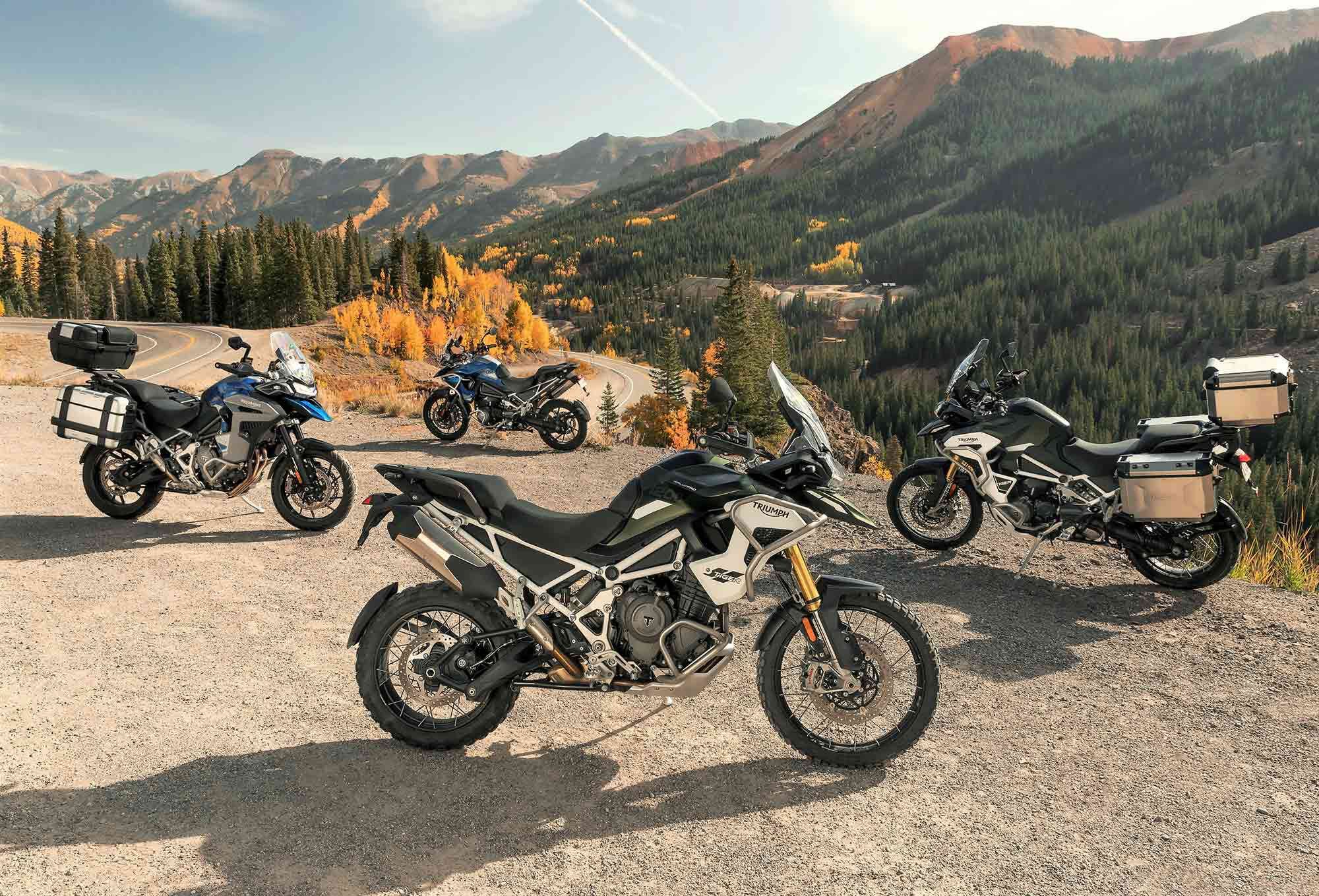 Triumph’s new Tiger 1200 family consists of five models, with the Tiger 1200 GT as the base (in the background); the 1200 Rally Pro is in the foreground.