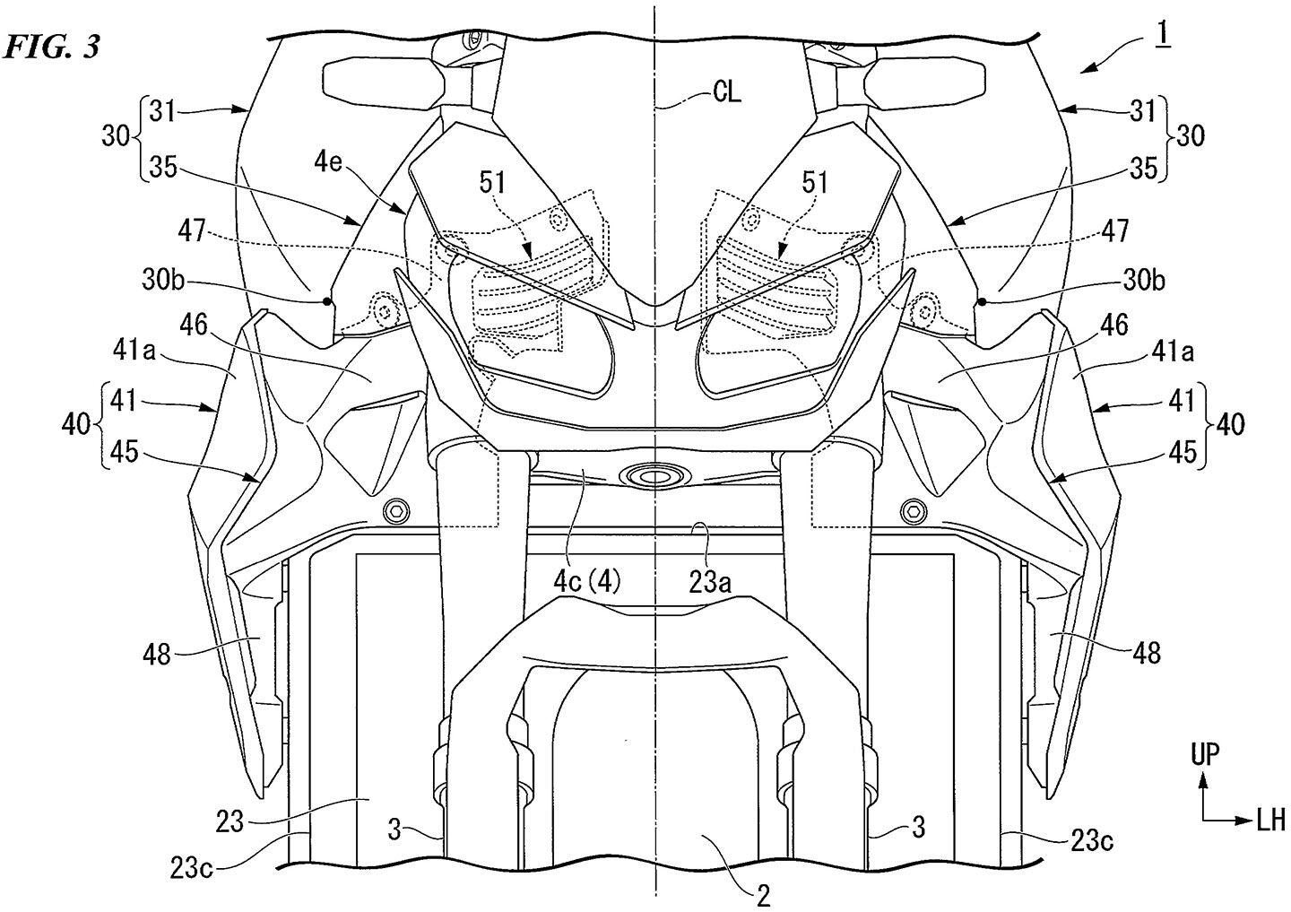 This patent drawing shows the location of the new intakes (51).