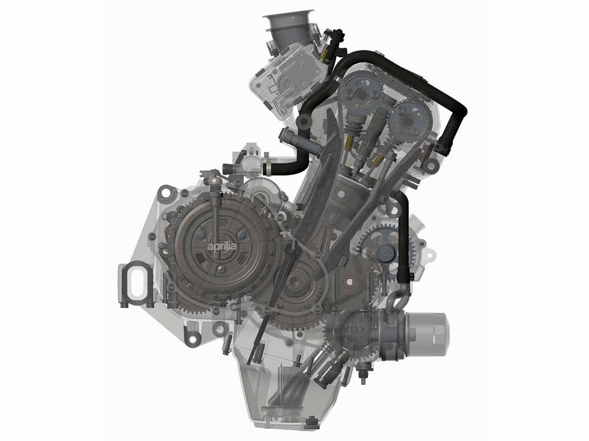 Aprilia’s RS 660 stacked gearbox is so compact it is nearly hidden behind the clutch when viewed from the right side.