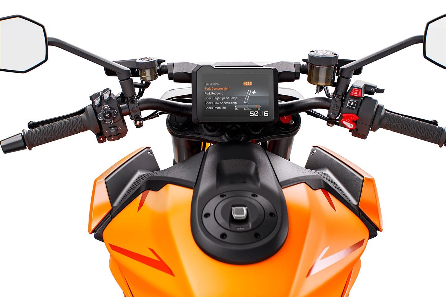 The 5-inch TFT display is crystal clear, easy to navigate, and has illustrations to better understand the difference in options. Notice the expansive options within the new WP Apex electronic suspension, as well as the older switch cube on the left side of the handlebar, which is used to scroll through those options.