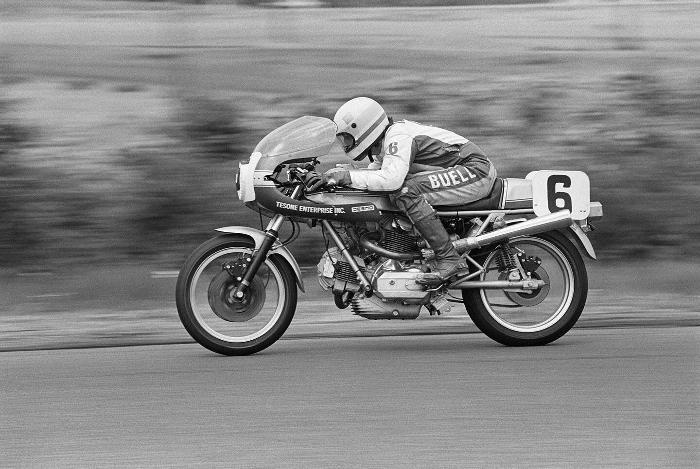 Erik Buell on a Ducati with taped lights before so many of his own scratch-built racebikes went to the track.