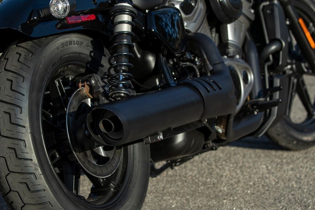 The Nightster’s exhaust system is bulky but mounted high enough to not affect maximum lean angle.