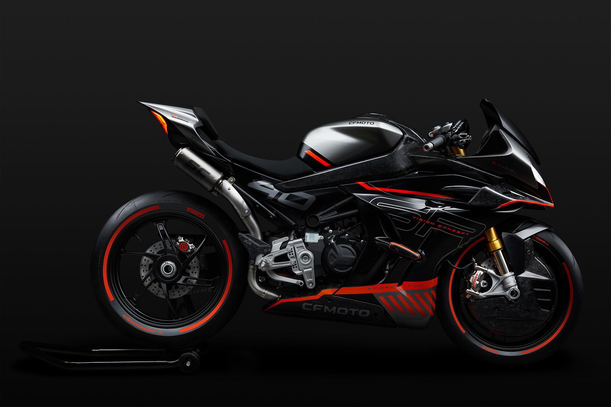 The bike’s sleek, refined styling has similarities to the brand’s smaller 300cc sportbikes, but engine size remains a mystery.