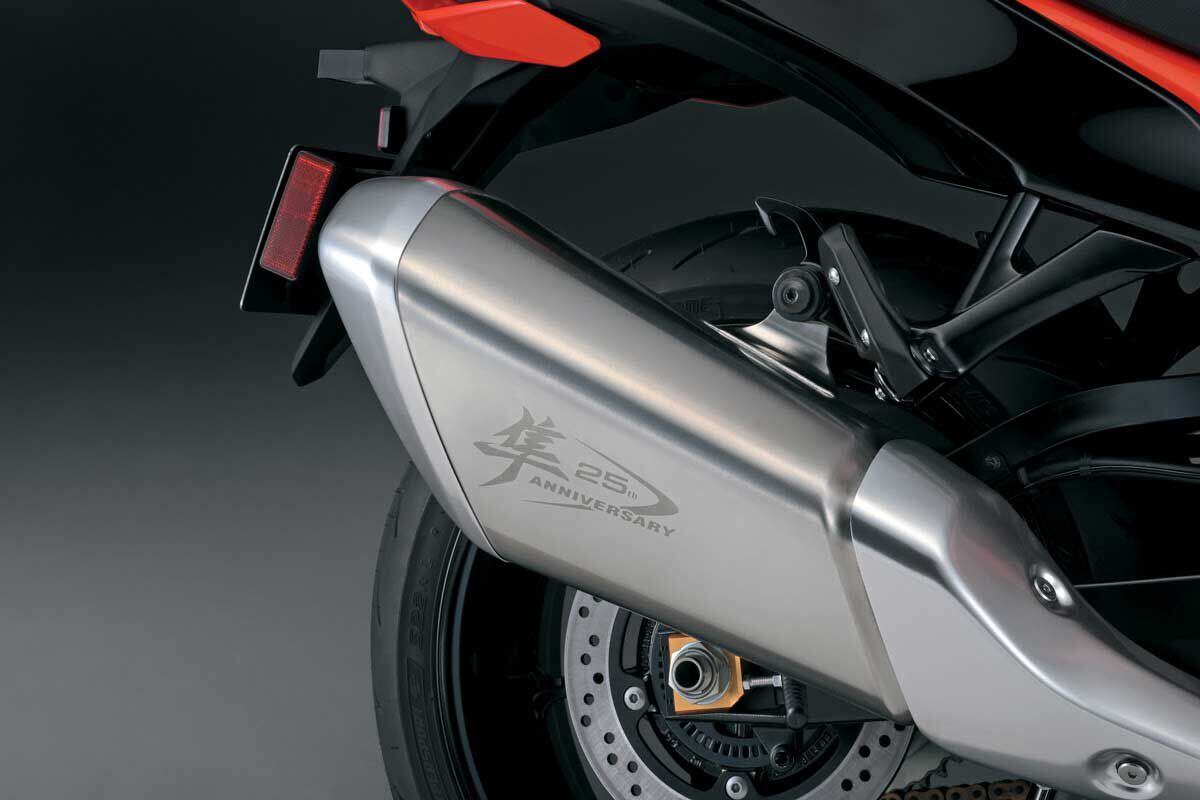 The special-edition ‘Busa also gets the logo etched onto its upswept pipes.