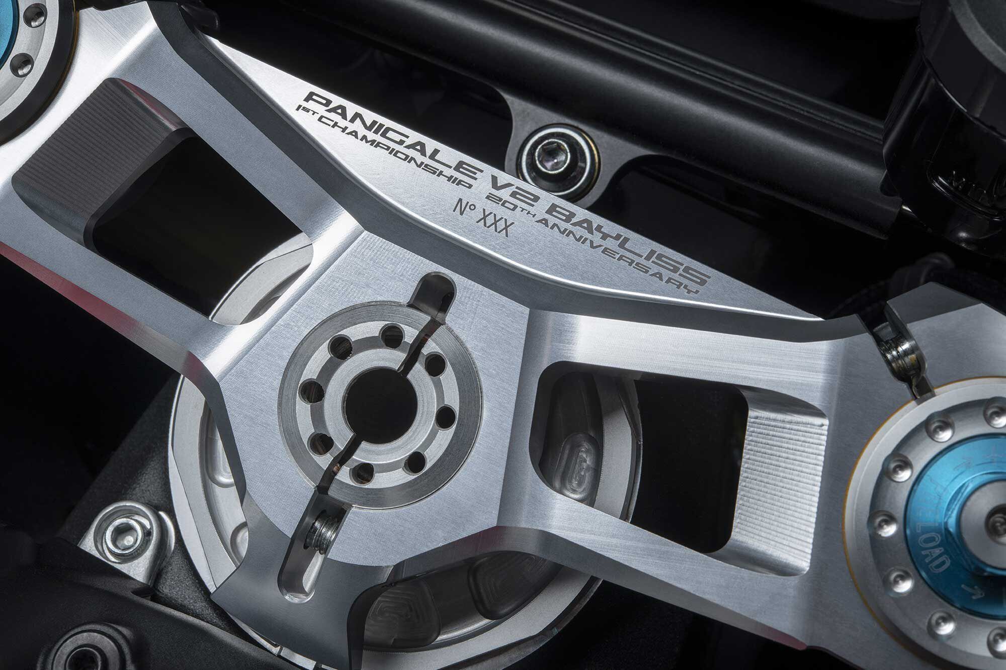The bike’s name and its series-production number are engraved on the billet upper triple clamp of each Bayliss 1st Championship 20th Anniversary Edition model.