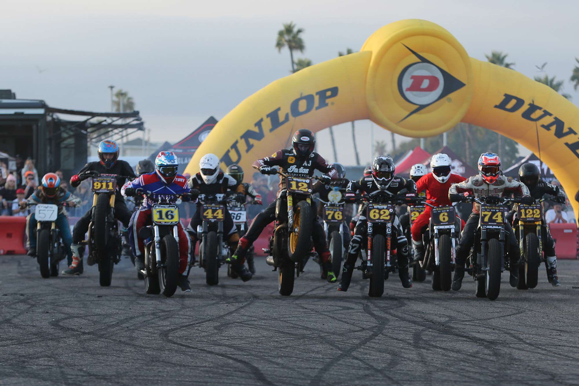 Front wheels lofted at the start of the Super Hooligan main event at the Moto Beach Classic.