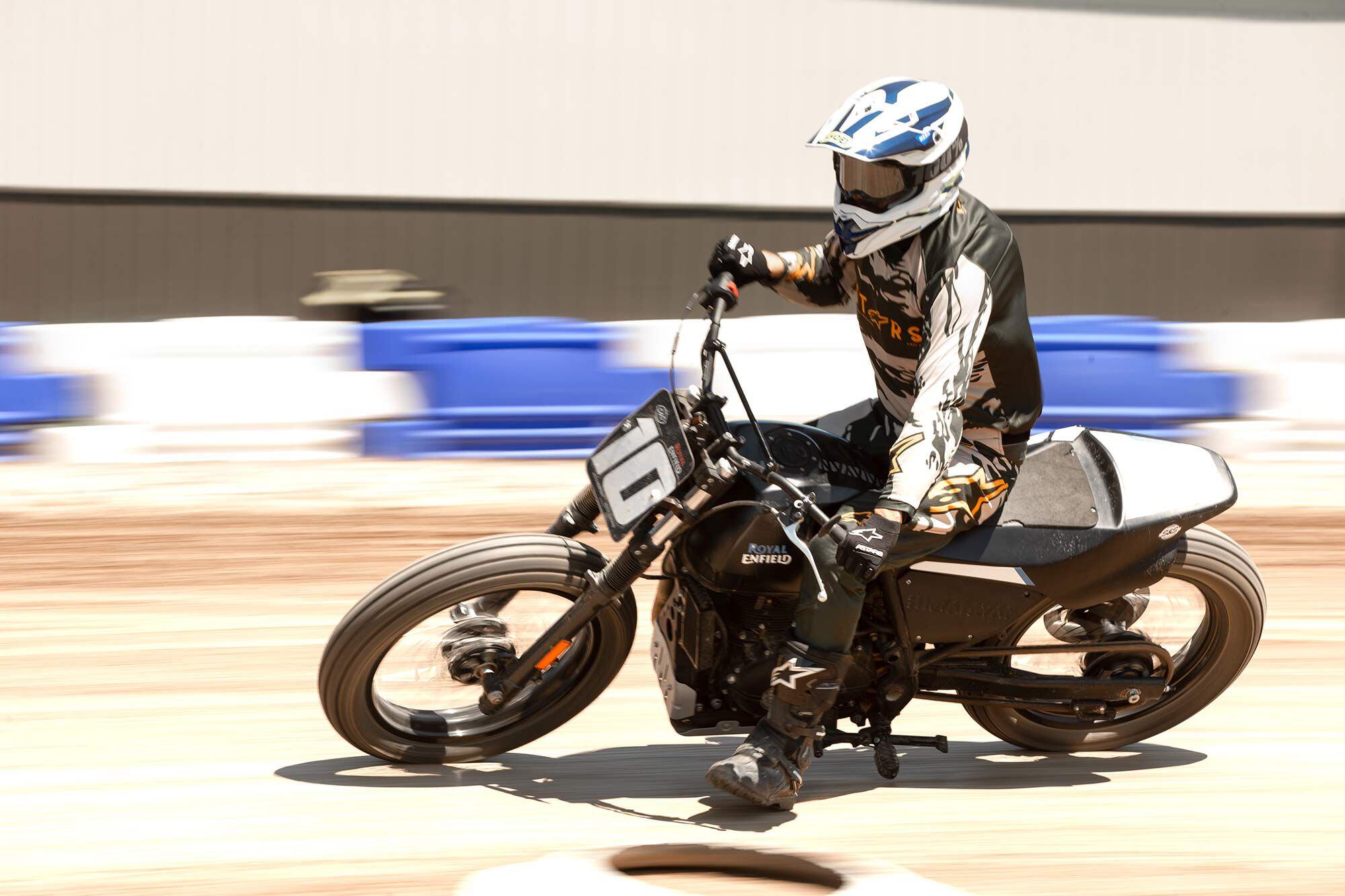 The Himalyan’s easy power delivery and communicative chassis combine to make this a surprisingly confidence-inspiring bike to learn flat-track fundamentals on.