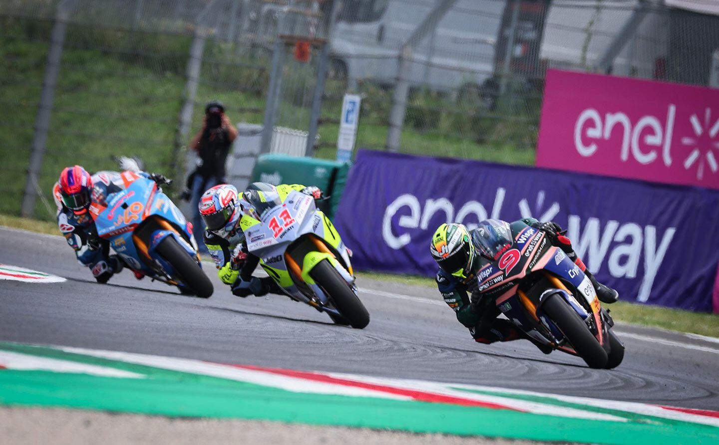Andrea Mantovani leads Matteo Ferrari and Mattia Casadei on the way to an all-Italian podium at race 1 at Mugello.