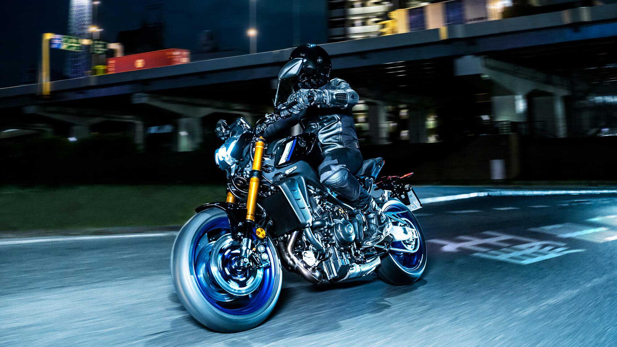 Dimensions have changed slightly for 2022, and new styling will likely be similar to the single-headlight look of the smaller MTs (’21 MT-09SP shown).