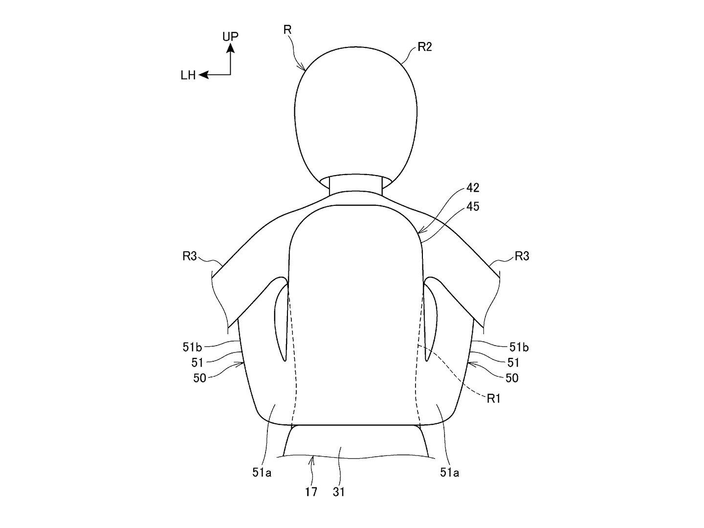 The second variation deploys from behind the rider and wraps forward around the torso, protecting the back.