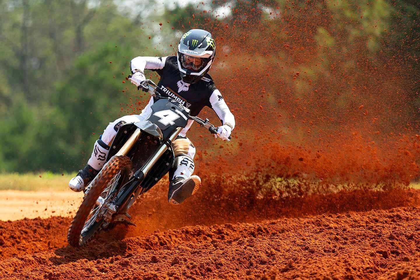 Ten-time MX and six-time Supercross champ Ricky Carmichael giving the 250cc Triumph MXer a workout.
