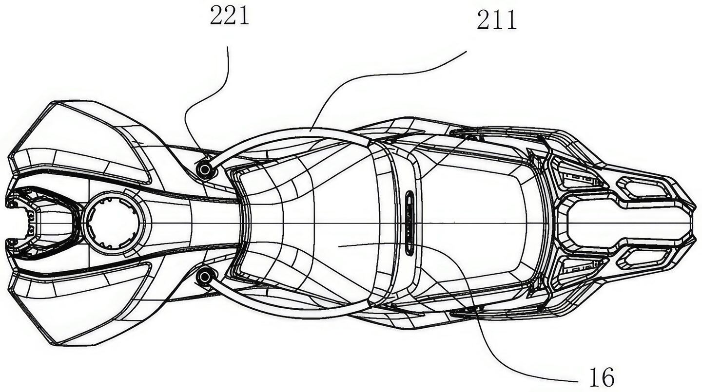 This top view shows how the safety bars would pivot in front of the rider and wrap around them.