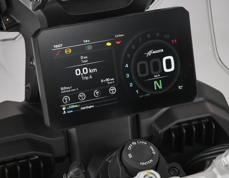 The MV Agusta Enduro Veloce has a full suite of rider aids and an easy-to-read 7-inch TFT display.