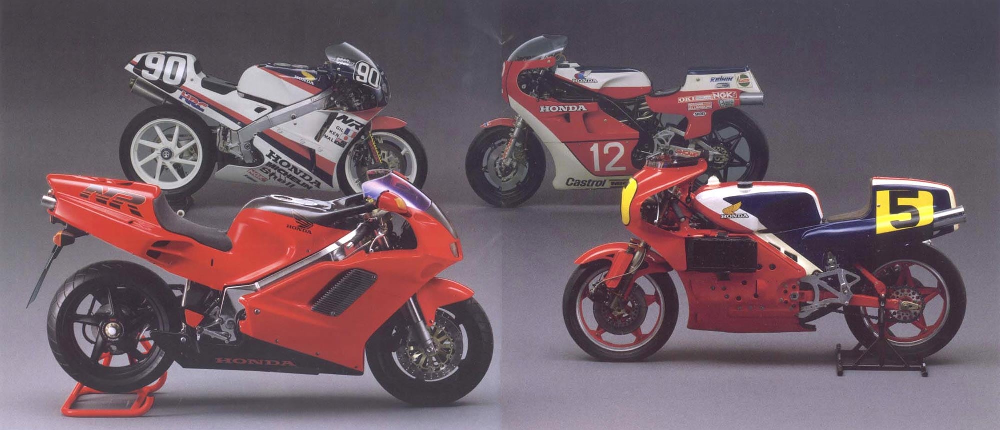 From the NR500 (right front) came the 1981 Suzuka 200-Kilometer winning NR500 (2X) ridden by Kengo Kiyama (right rear), the NR750 Endurance Racer (left rear), and the 1994 NR750 production model (left front).