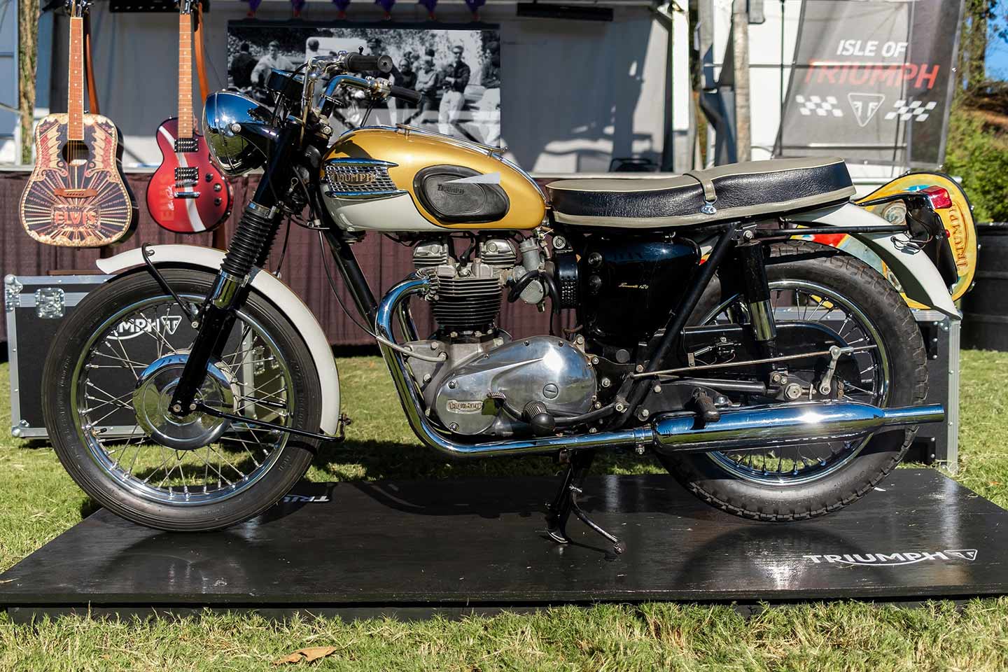 This gold 1964 Triumph T120 is similar to what the Mafia would have ridden back in the day. US-spec Bonnies of the time had higher bars.