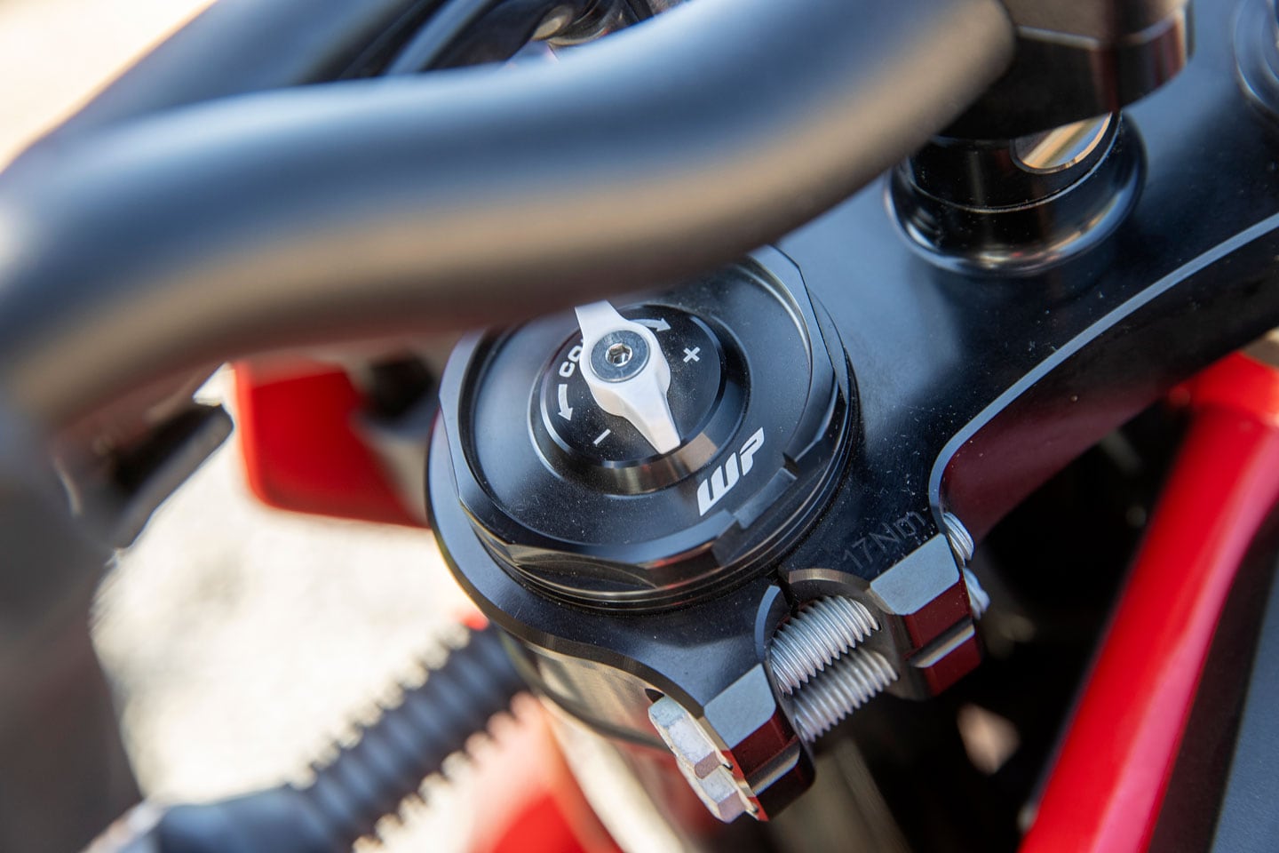 WP’s 48mm open-cartridge Apex fork provides compression damping in the left leg.