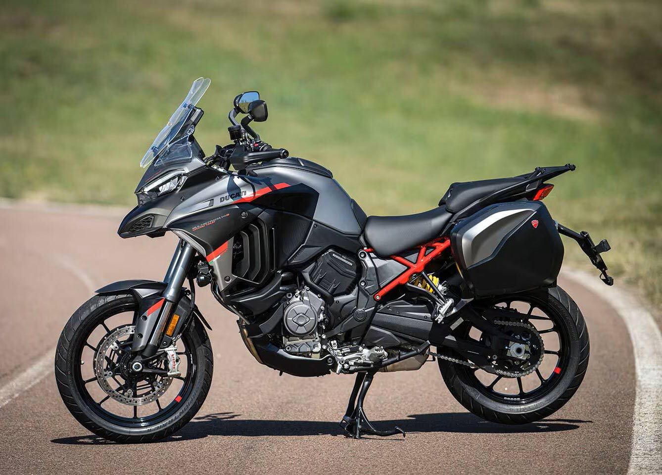 Class-leading (and wallet-emptying) tech on the Ducati Multistrada V4 S Grand Tour includes front and rear radars, seat height lowering system, and that lovely Grandturismo engine.