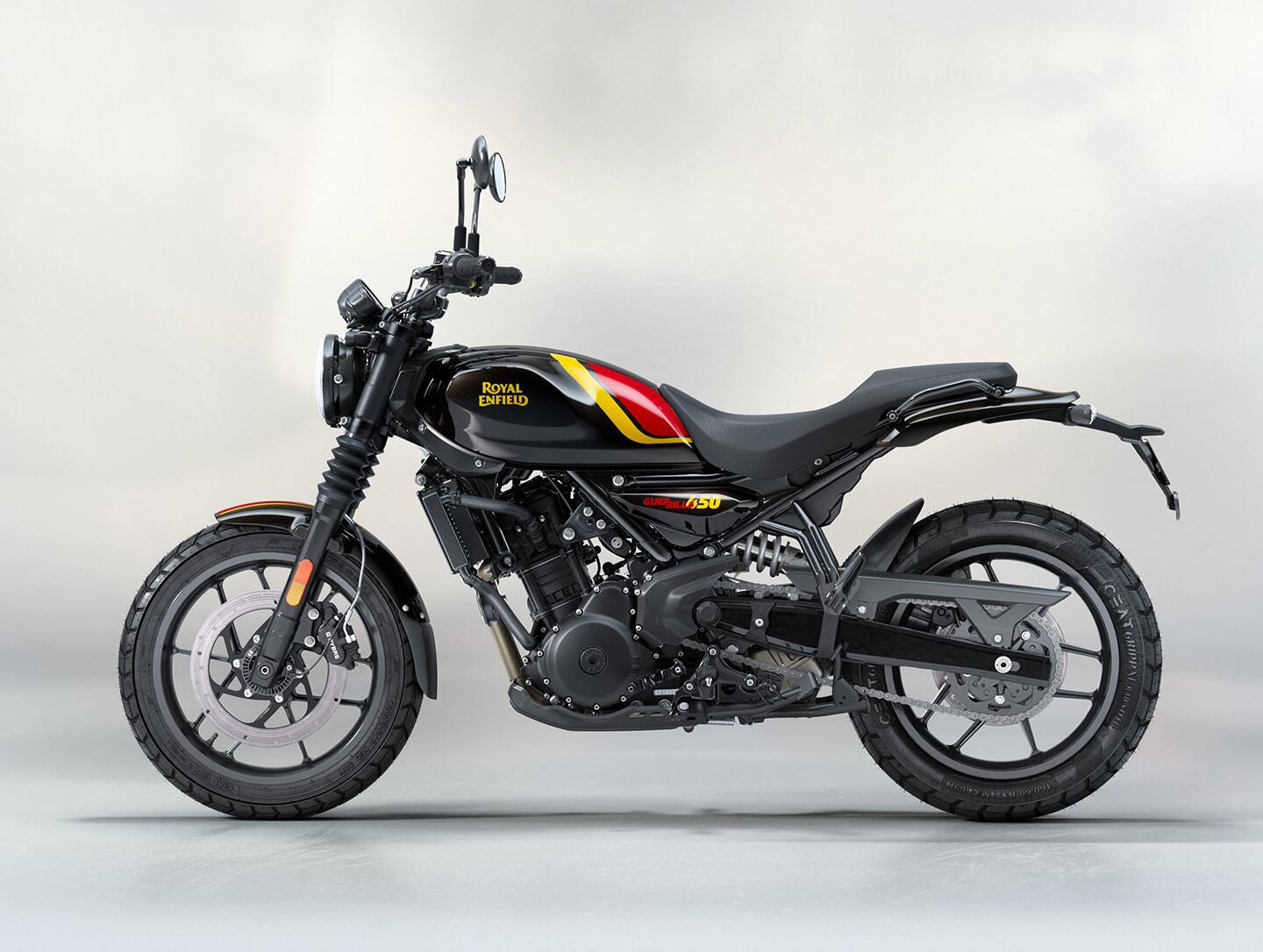 The Guerrilla gets a revised head angle, subframe, and different wheels, resulting in a lower seat and shorter wheelbase.