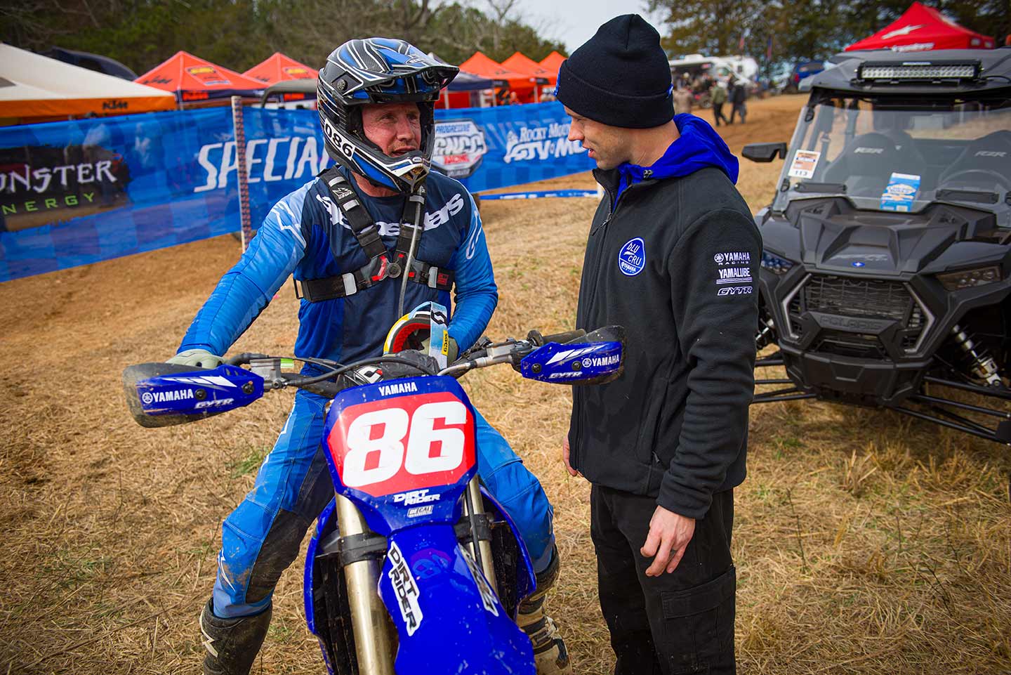 Debriefing with Yamaha in-house test rider Steven Tokarski after the two-hour-plus race. The rider and bike are still clean; that’s how good the conditions were.