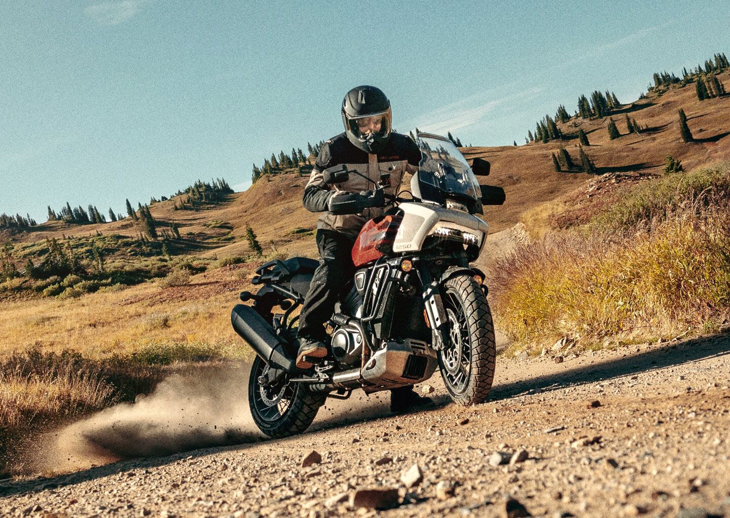 American Flat Track’s newest class is called AdventureTrackers, and is open to large-displacement adventure bikes with engines of 1,000cc or more, like H-D’s Pan America 1250 Special.