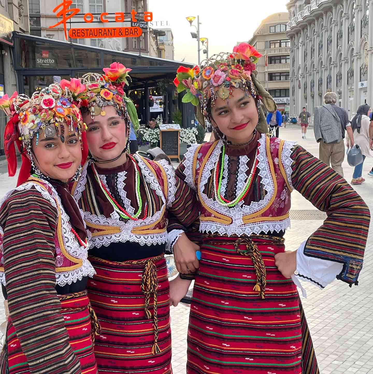 Dancers in traditional garb performed in the city center.