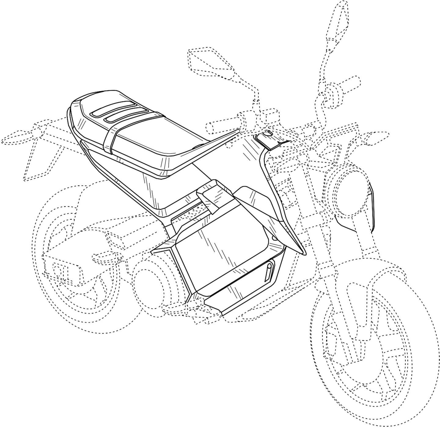 The motorcycle in these patent drawings is clearly a smaller machine like the Honda Grom.