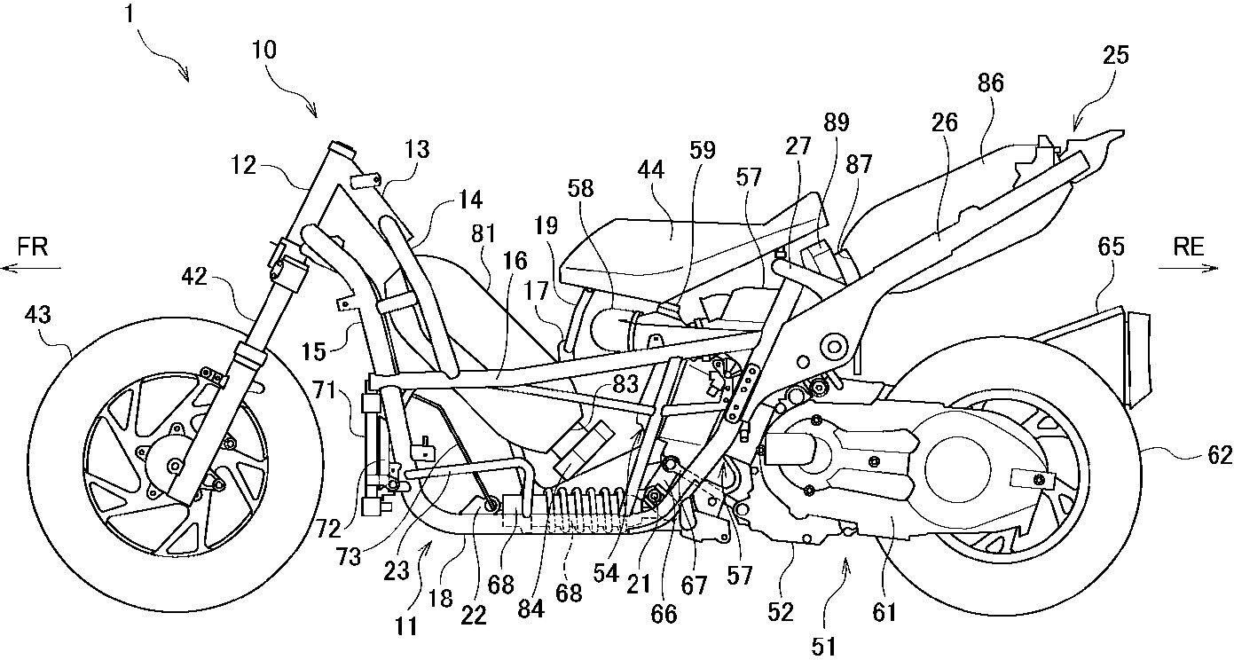This illustration shows how Suzuki has positioned the hydrogen tanks (81 and 86) so that the scooter can use a normal Burgman wheelbase and still carry enough fuel to be practical.