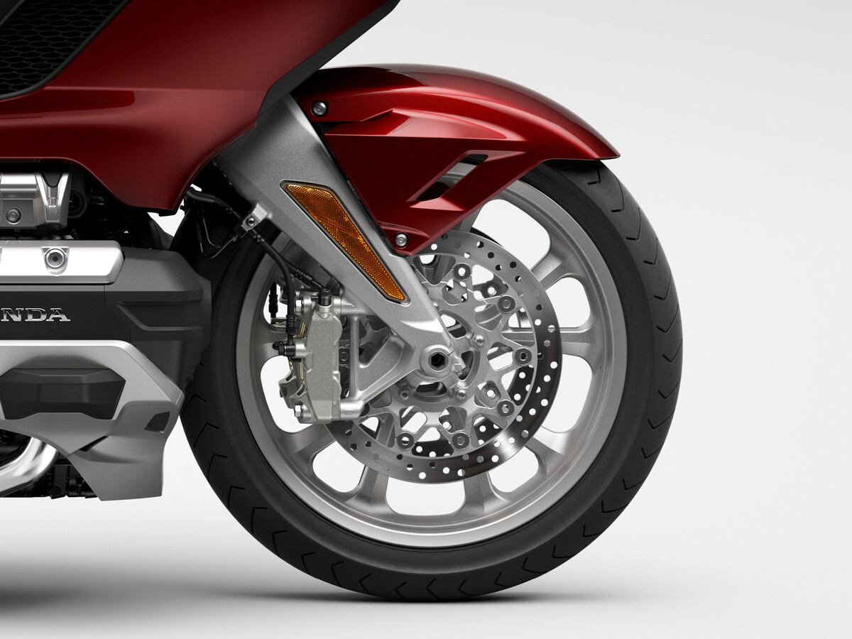 Honda’s twin-A-arm front suspension is a signature of the sixth-generation Wing. 2023 model pictured.