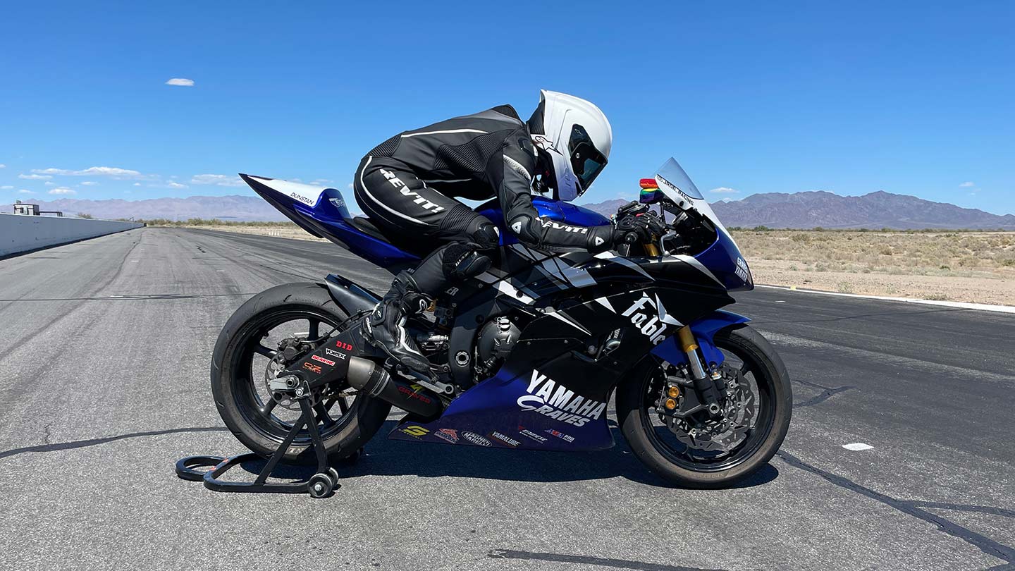 Strike a pose; being able to fold up into a full tuck is a must for any suit, new or broken in. The Xena 4 passes the test. Rider dimensions are 5-foot-4 and 120 pounds wearing a size 36 Xena 4 suit.