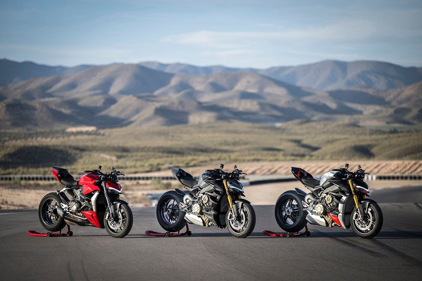 From left to right: the base-model Streetfighter, the V4 S in Grey Nero, and the V4 SP2.