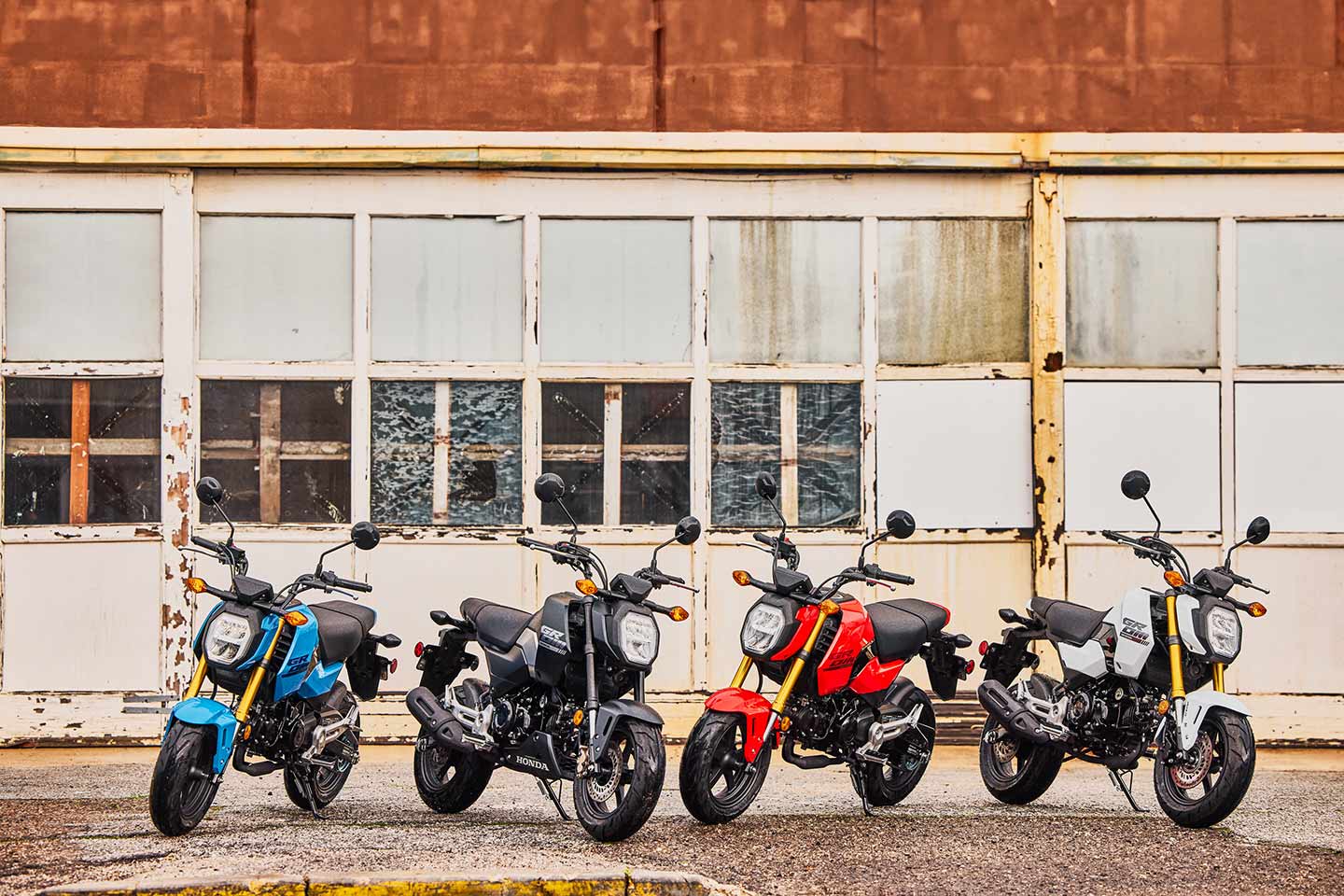The 2025 Honda Grom lineup. Base-model Groms are available in blue, white, or red color options. Grom ABS models are available in white, and the Grom SP in Matte Black Metallic.
