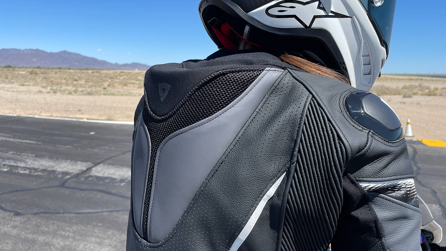 This photo helps illustrate all of the breathable materials in play in the Xena 4 suit, such as the 3D mesh textile, PWR Shield material, and perforated leather.