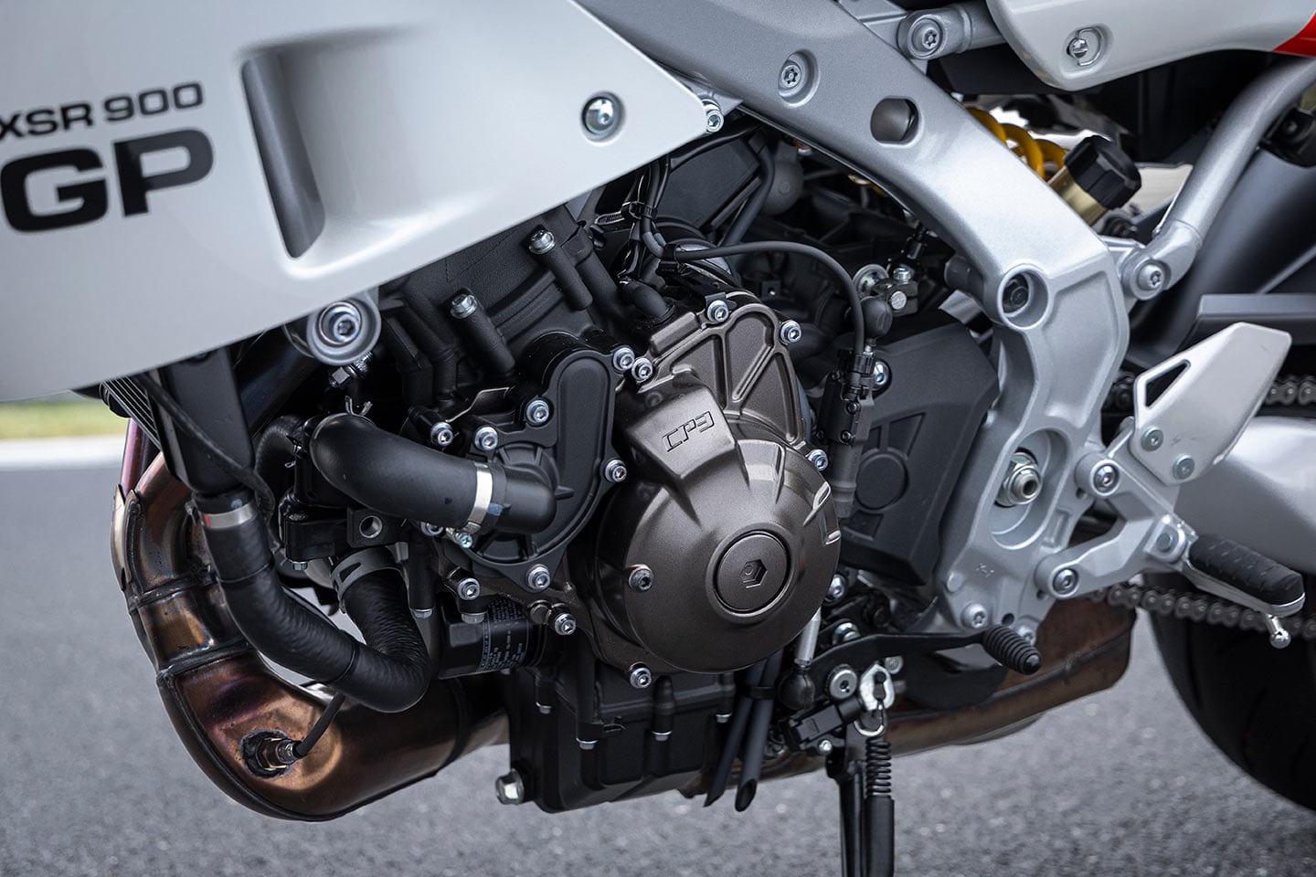 The XSR900 GP shares its CP3 inline-triple with other Yamaha models. Yamaha claims it makes 117 hp.